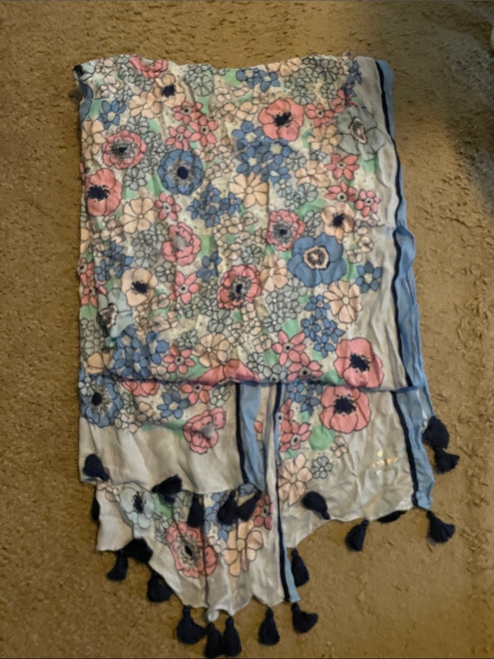Kate Spade Floral Tassel Lightweight Scarf in Pastel Blue and Pink